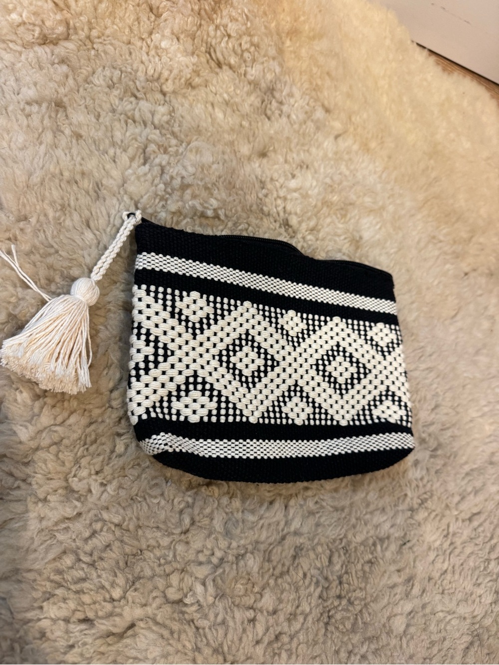 Woven Black & White Geometric Pouch with Tassel handmade in Mexico
